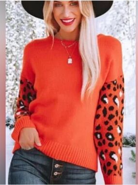 XS THML Leopard Sleeve Orange Crewneck Sweater